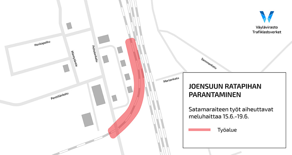 Kartta: työalue sijaitsee Jääkärinkadun vieressä. Raiteiden toisella puolella on Martankatu ja Tiaisenkatu.