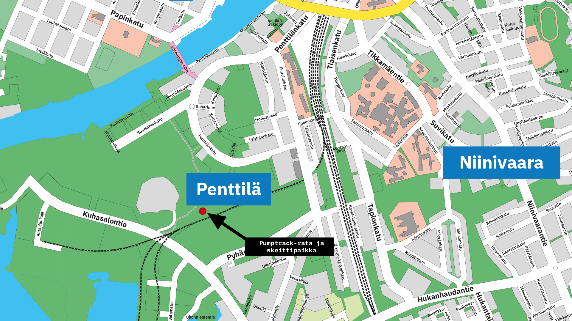 Kartta, johon on merkattu pumptrack-radan sijainti. Rata on Kuhasalontien ja junaradan vierestä lähtevän pyörätien varrella. 
